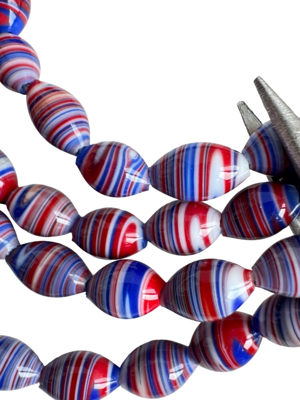 Vintage Striped Porcelain Bead Necklace Red White Blue Boho Festival Accessory - Picture 9 of 16